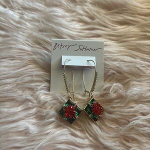 Betsey Johnson Gold-Tone Red Bow and Green Jewel Drop Earrings